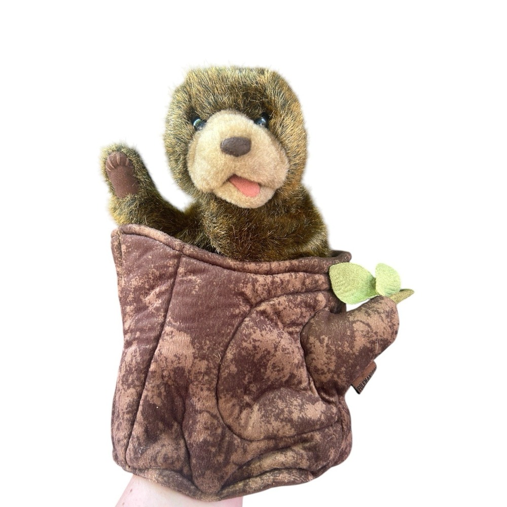 Folkmanis Bear Puppet In Tree Stump Baby Cub Realistic Animal Toy 11"